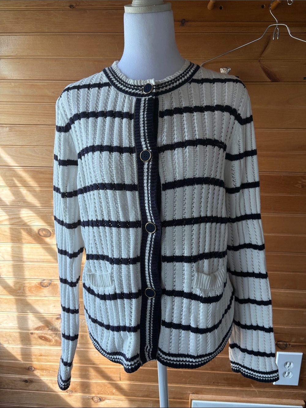 Navy Blue & White Striped Knit Button-Front Cardigan